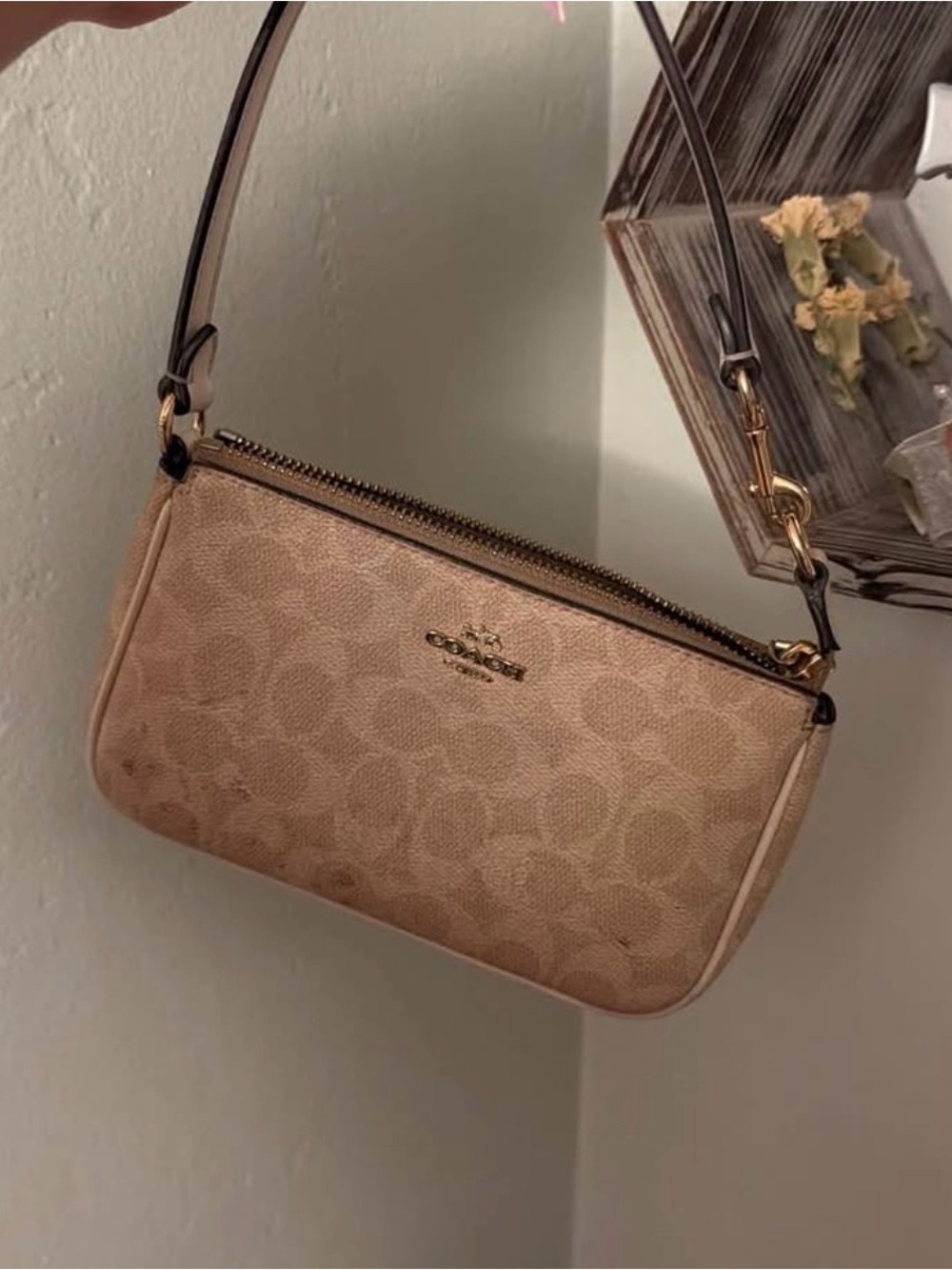Coach Tan Signature Canvas Shoulder Bag with Gold Hardware